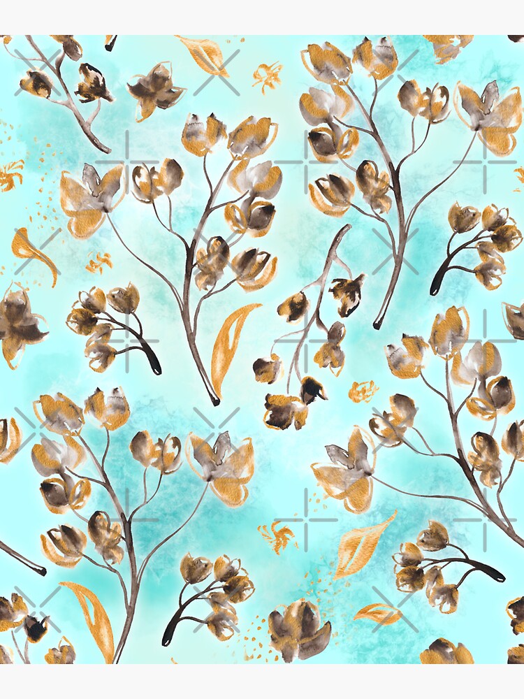 Hand-painted watercolor loose floral chintz in gold, blue, brown and turquoise as a seamless surface pattern design by nobelbunt