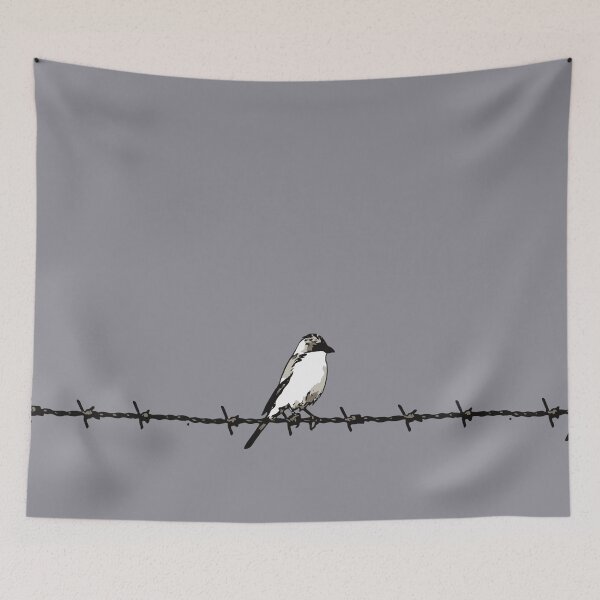 Artikelvorschau, Minimalistischer Vogel auf Stacheldraht, Schwarz-Weiß-Illustration entworfen und verkauft von taiche.