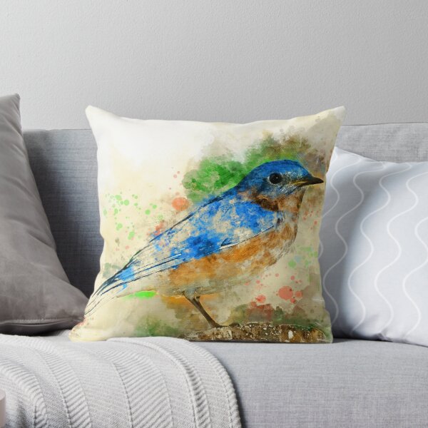 Blue Bird Perched on a Rock - Nature Photography Throw Pillow by Noveltees