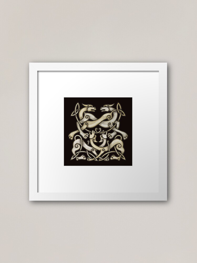 Viking Ornemental Norse Art 4 Horses Dogs With Odin Mask Grunge Metallic Copper Silver Texture Black Background Hd High Quality Framed Art Print By Iresist Redbubble