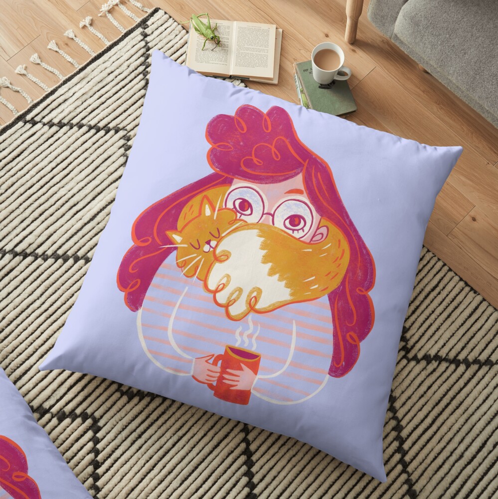 Cozy Girl in Sweater with Cat and Hot Tea Floor Pillow