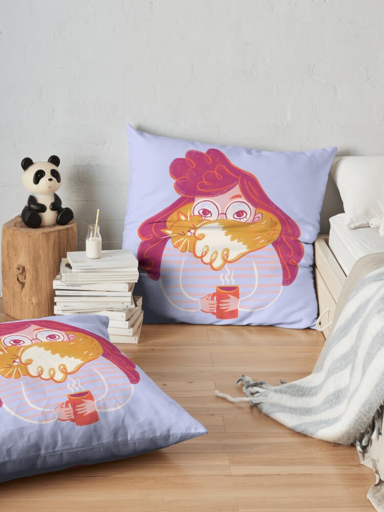 Alternate view of Cozy Girl in Sweater with Cat and Hot Tea Floor Pillow