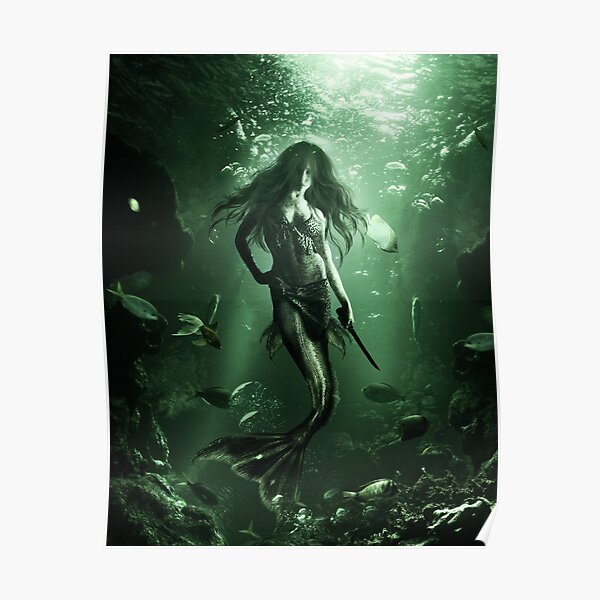 Drawing of siren under water Poster