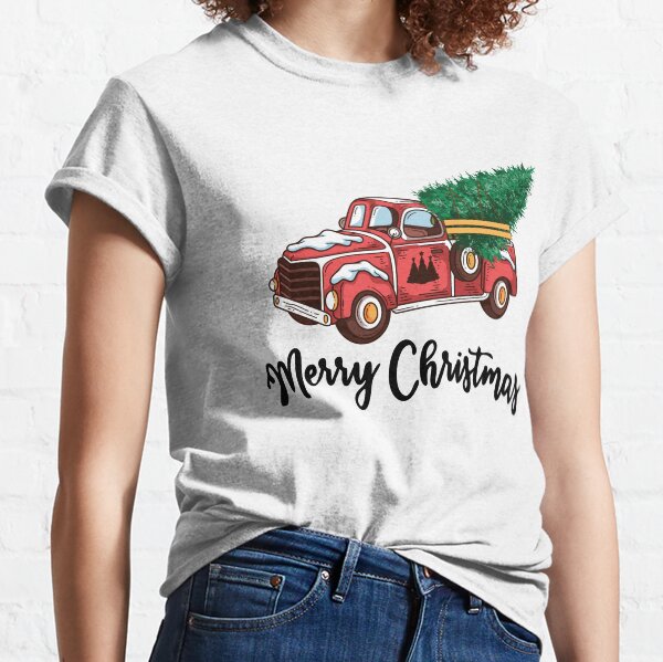 t shirt with red truck and christmas tree