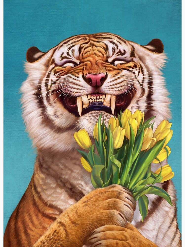 Smiling shy Tiger holding bouquet tulip Art Board Print