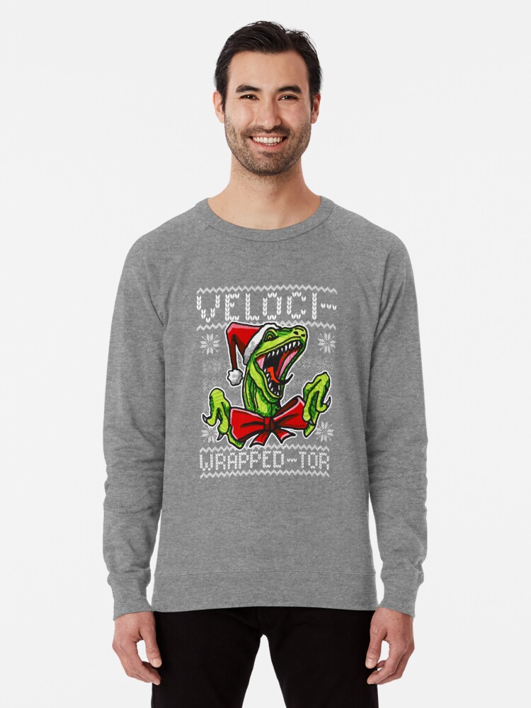 Alternate view of Funny Velociraptor Dinosaur Themed Ugly Christmas Sweater T-Shirt Lightweight Sweatshirt