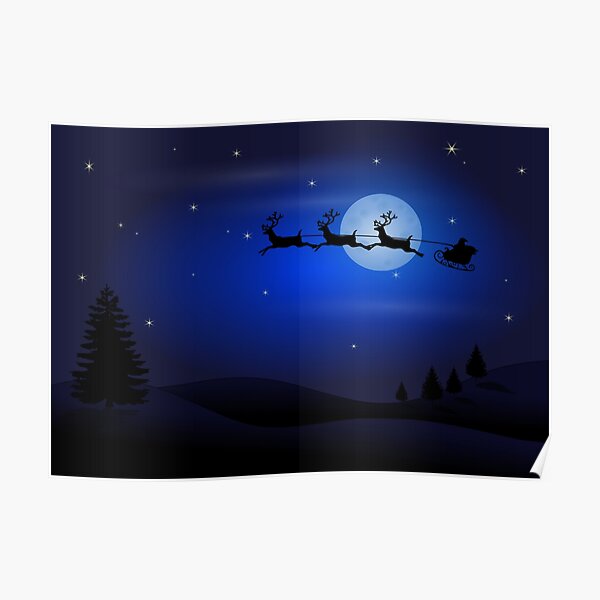Santa Claus flying in a sleigh pulled by reindeer. Poster