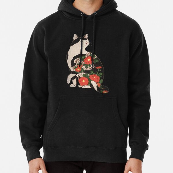Antique Japanese Woodblock Print Cat with Flower Tattoos Pullover Hoodie