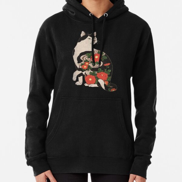 Antique Japanese Woodblock Print Cat with Flower Tattoos Pullover Hoodie