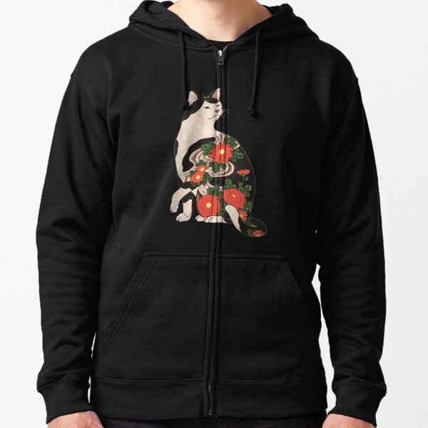Antique Japanese Woodblock Print Cat with Flower Tattoos Zipped Hoodie