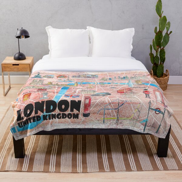 London UK Illustrated Map with Main Roads, Landmarks & Highlights Throw Blanket