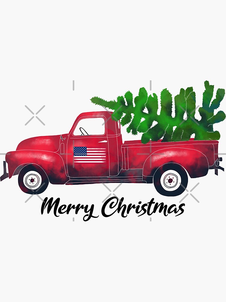 Vintage Watercolor Red Truck Carrying Xmas Tree Merry Christmas by okpinsPets