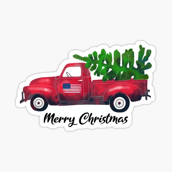Vintage Watercolor Red Truck Carrying Xmas Tree Merry Christmas Sticker