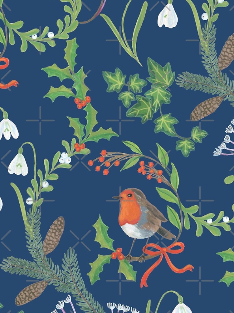 Christmas Chintz with Robin - dark blue Traditional chintz by Cecca Designs by Cecca-Designs