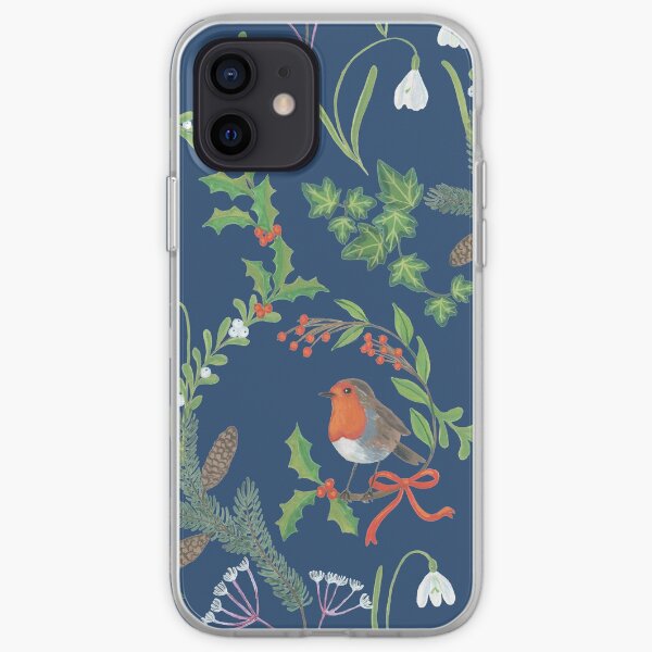 Christmas Chintz with Robin - dark blue Traditional chintz by Cecca Designs iPhone Soft Case