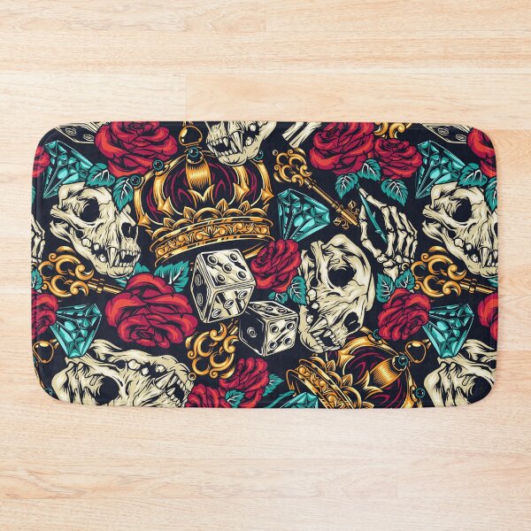 Item preview, Retro Skull Red Rose Gold Crown Key Blue Diamond Dice Tattoo Pattern designed and sold by RetroSkullArt.