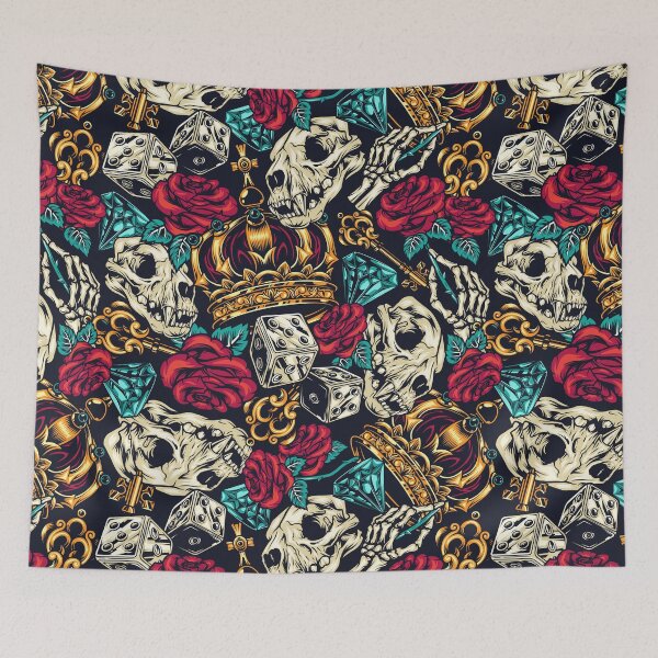 Item preview, Retro Skull Red Rose Gold Crown Key Blue Diamond Dice Tattoo Pattern designed and sold by RetroSkullArt.