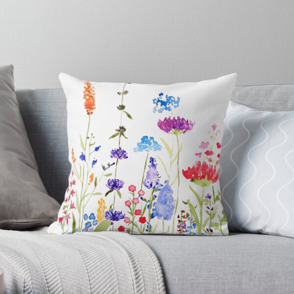 colorful wild flowers watercolor painting Throw Pillow