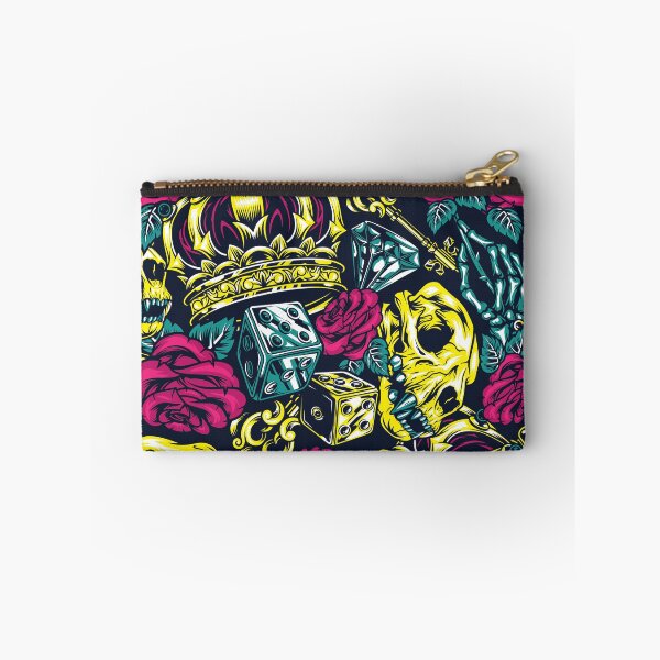 Item preview, Yellow Retro Skull Red Rose Gold Crown Key Blue Diamond Dice Tattoo Pattern designed and sold by RetroSkullArt.