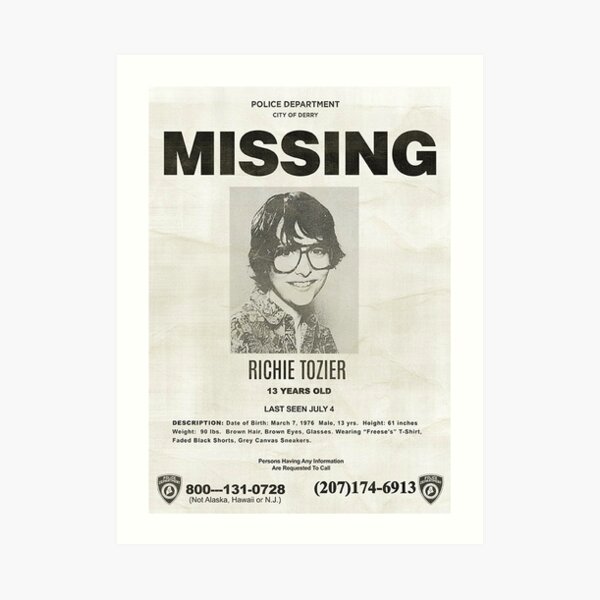 IT RICHIE TOZIER FINN WOLFHARD MISSING POSTER Art Print