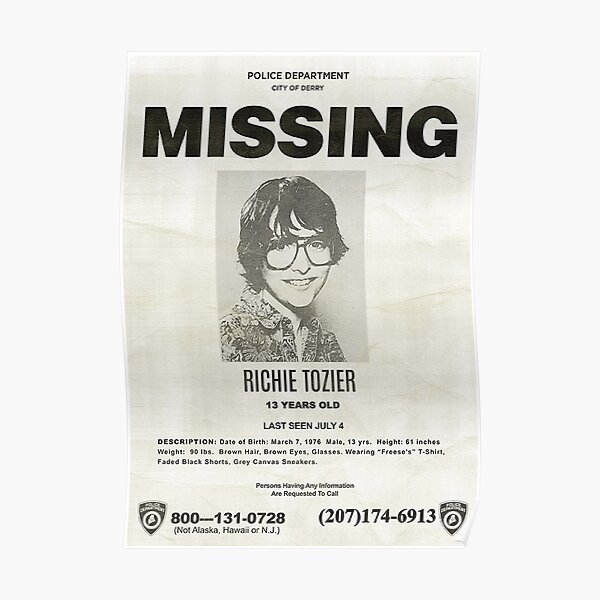 IT RICHIE TOZIER FINN WOLFHARD MISSING POSTER Poster