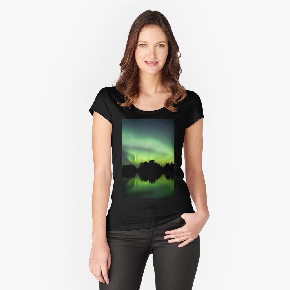 Northern lights glowing over lake in Finland Fitted Scoop T-Shirt