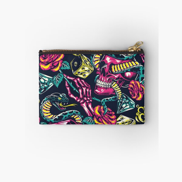 Item preview, Pink Retro Skull Snake Dog Rose Yellow Key Dice Blue Diamond Tattoo Pattern designed and sold by RetroSkullArt.