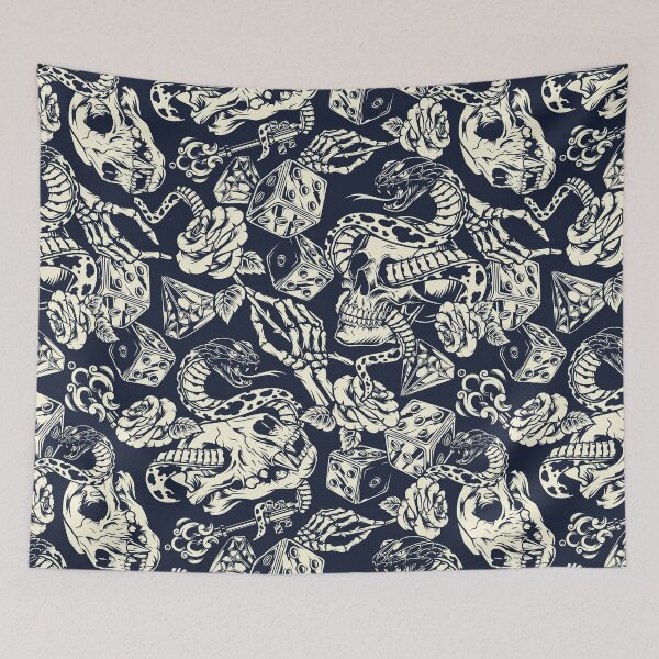Item preview, Retro Skull Snake Dog Skeleton Rose Key Dice Diamond Tattoo Pattern designed and sold by RetroSkullArt.