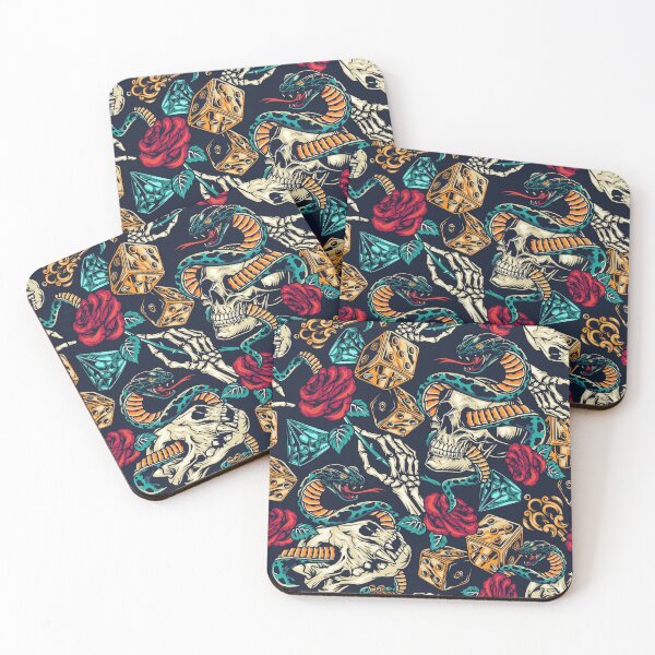 Item preview, Retro Skull Snake Dog Red Rose Gold Key Blue Diamond Dice Tattoo Pattern designed and sold by RetroSkullArt.