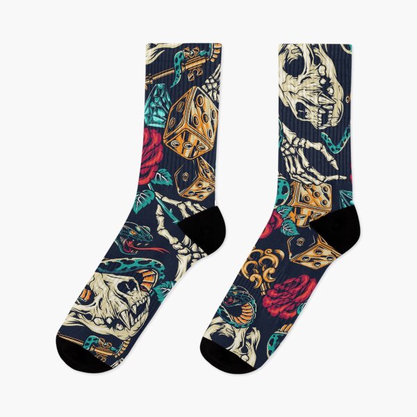 Item preview, Retro Skull Snake Dog Red Rose Gold Key Blue Diamond Dice Tattoo Pattern designed and sold by RetroSkullArt.