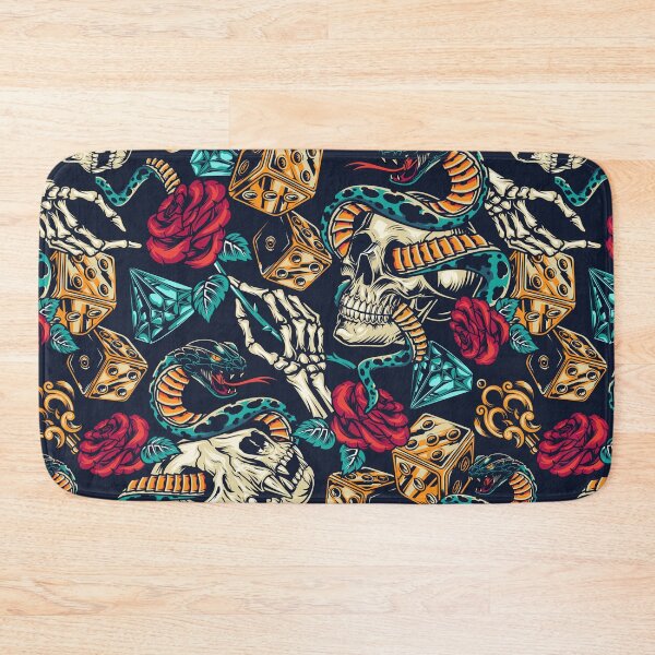 Item preview, Retro Skull Snake Dog Red Rose Gold Key Blue Diamond Dice Tattoo Pattern designed and sold by RetroSkullArt.