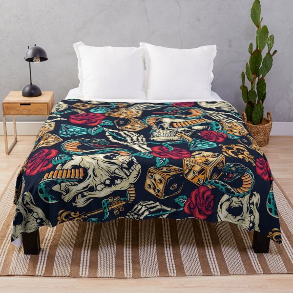 Item preview, Retro Skull Snake Dog Red Rose Gold Key Blue Diamond Dice Tattoo Pattern designed and sold by RetroSkullArt.