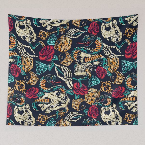Item preview, Retro Skull Snake Dog Red Rose Gold Key Blue Diamond Dice Tattoo Pattern designed and sold by RetroSkullArt.