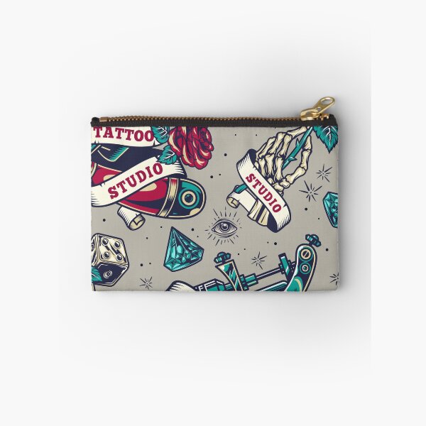 Item preview, Retro Skull Tattoo Gun Skeleton Rose Razor Dice Diamond Eye Tattoo Studio Pattern designed and sold by RetroSkullArt.