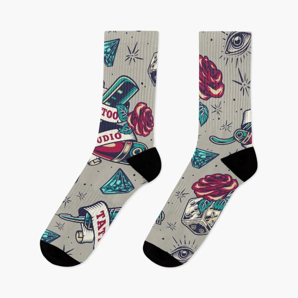 Item preview, Retro Skull Tattoo Gun Skeleton Rose Razor Dice Diamond Eye Tattoo Studio Pattern designed and sold by RetroSkullArt.