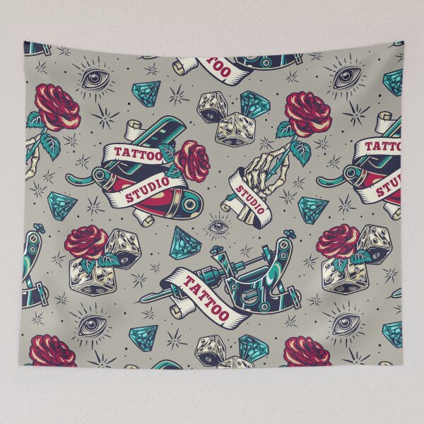 Item preview, Retro Skull Tattoo Gun Skeleton Rose Razor Dice Diamond Eye Tattoo Studio Pattern designed and sold by RetroSkullArt.