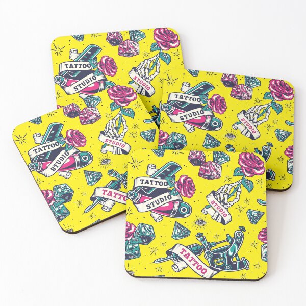 Item preview, Yellow Retro Skull Tattoo Gun Skeleton Pink Rose Razor Dice Diamond Eye Tattoo Studio Pattern designed and sold by RetroSkullArt.