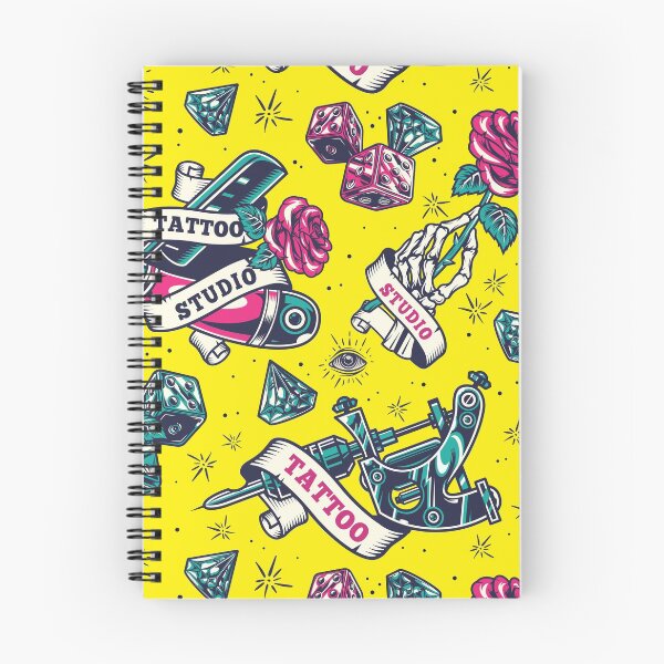 Item preview, Yellow Retro Skull Tattoo Gun Skeleton Pink Rose Razor Dice Diamond Eye Tattoo Studio Pattern designed and sold by RetroSkullArt.