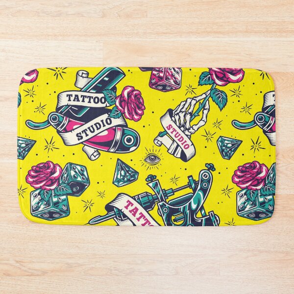 Item preview, Yellow Retro Skull Tattoo Gun Skeleton Pink Rose Razor Dice Diamond Eye Tattoo Studio Pattern designed and sold by RetroSkullArt.