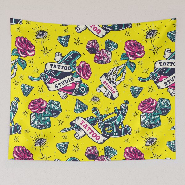 Item preview, Yellow Retro Skull Tattoo Gun Skeleton Pink Rose Razor Dice Diamond Eye Tattoo Studio Pattern designed and sold by RetroSkullArt.