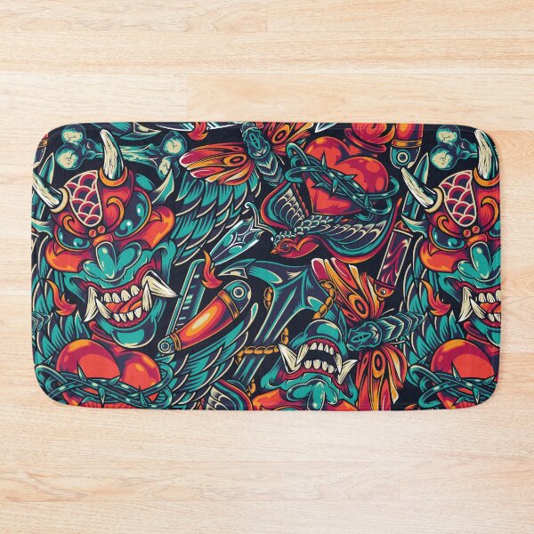 Item preview, Orange Turquoise Retro Skull Heart Flame Bird Anchor Mask Razor Knife Moth Pattern designed and sold by RetroSkullArt.