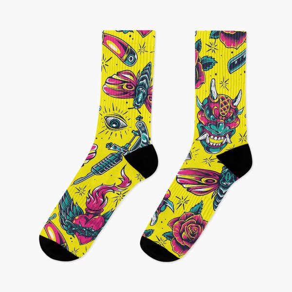 Item preview, Yellow Retro Skull Tattoo Gun Anchor Mask Rose Razor Knife Moth Eye Pattern designed and sold by RetroSkullArt.