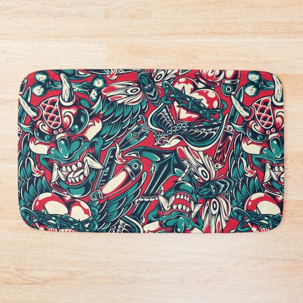 Item preview, Red Turquoise Retro Skull Heart Flame Bird Anchor Mask Razor Knife Moth Pattern designed and sold by RetroSkullArt.