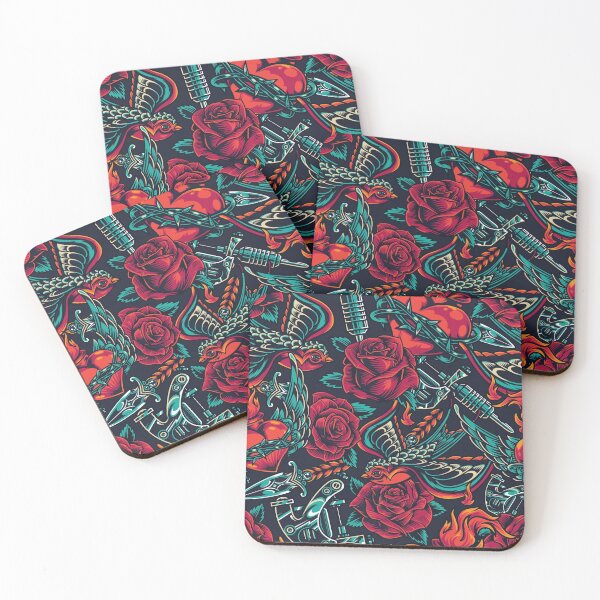 Item preview, Red Turquoise Retro Skull Rose Heart Flame Tattoo Gun Bird Anchor Mask Knife Pattern designed and sold by RetroSkullArt.