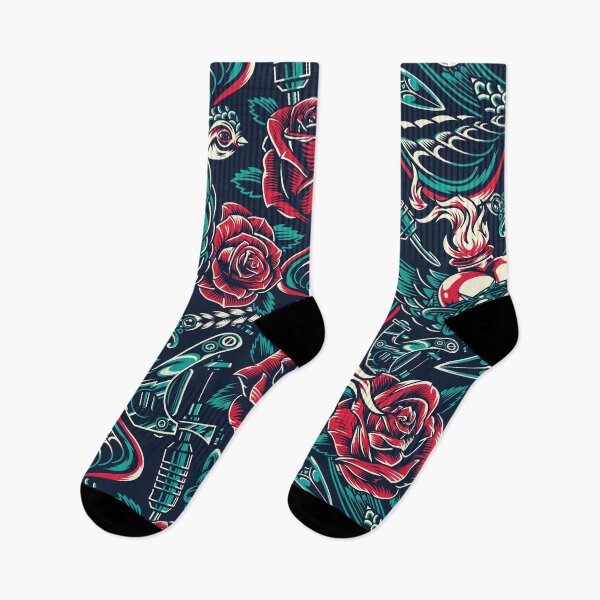 Item preview, Turquoise Retro Skull Red Rose Heart Flame Tattoo Gun Bird Anchor Mask Knife Pattern designed and sold by RetroSkullArt.