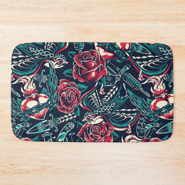 Item preview, Turquoise Retro Skull Red Rose Heart Flame Tattoo Gun Bird Anchor Mask Knife Pattern designed and sold by RetroSkullArt.