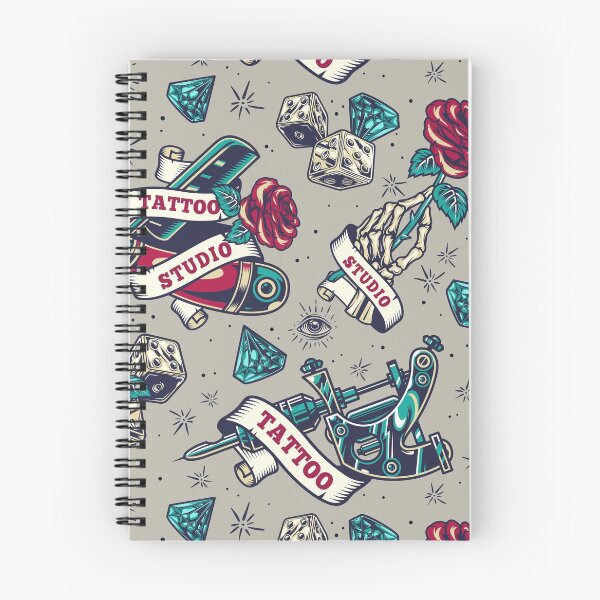 Item preview, Retro Skull Tattoo Gun Skeleton Rose Razor Dice Diamond Eye Tattoo Studio Pattern designed and sold by RetroSkullArt.