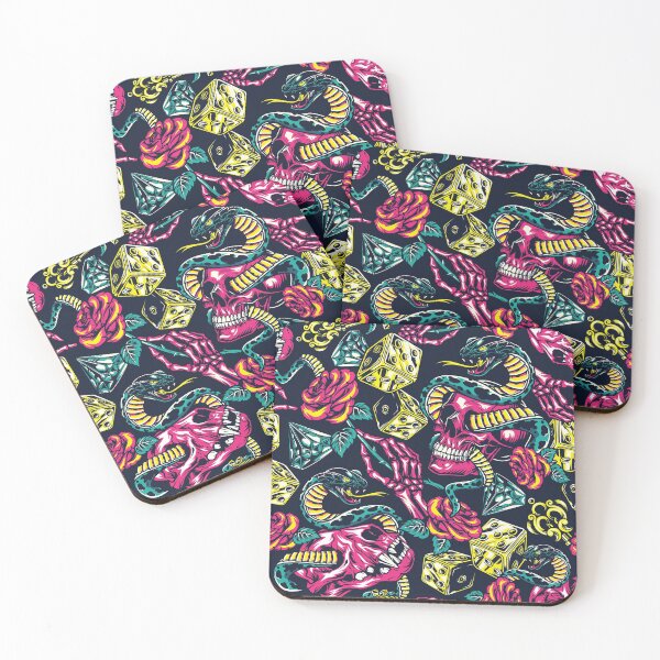 Item preview, Pink Retro Skull Snake Dog Rose Yellow Key Dice Blue Diamond Tattoo Pattern designed and sold by RetroSkullArt.