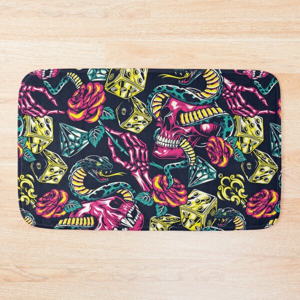 Item preview, Pink Retro Skull Snake Dog Rose Yellow Key Dice Blue Diamond Tattoo Pattern designed and sold by RetroSkullArt.