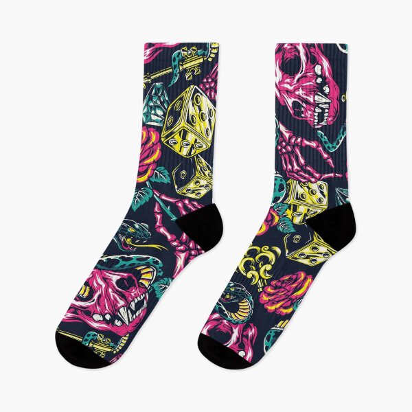 Item preview, Pink Retro Skull Snake Dog Rose Yellow Key Dice Blue Diamond Tattoo Pattern designed and sold by RetroSkullArt.